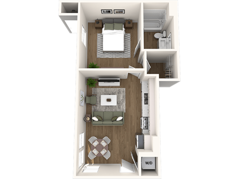 Floor plan for 1 bed, 1 bath, 614 sqft